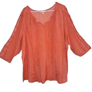 Como Blue Coral Pink Polka Dot Cutout Shoulder Blouse Plus Size 4X